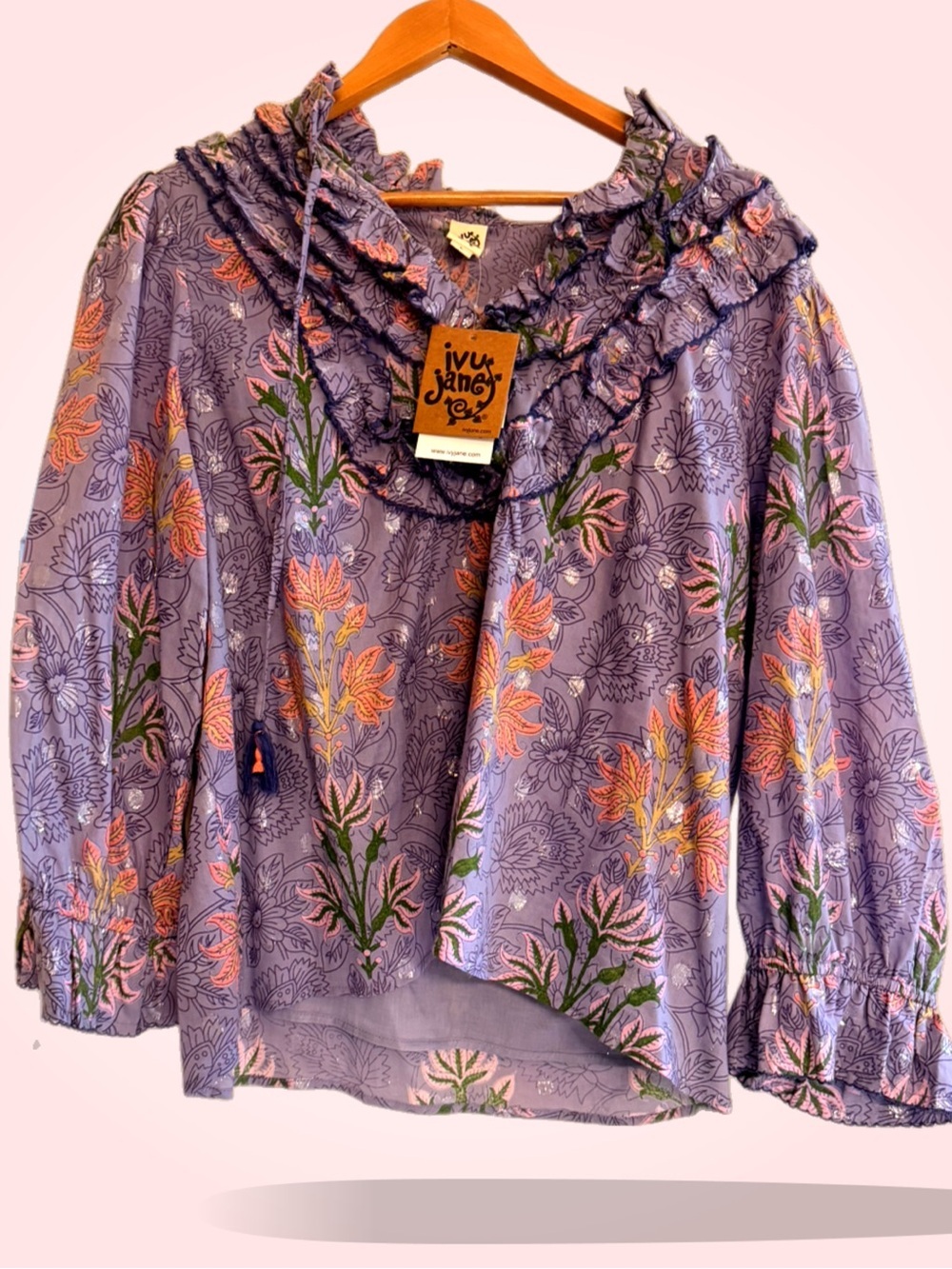 Ivy Jane Lavender Floral Ruffle Tie-Neck Blouse NWT - Picture 2 of 6